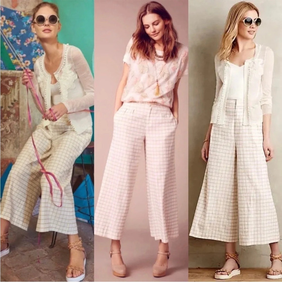 Anthropologie Pants Women's 6 Elevenses Windowpane Culottes Linen Blend Coastal - Picture 1 of 11